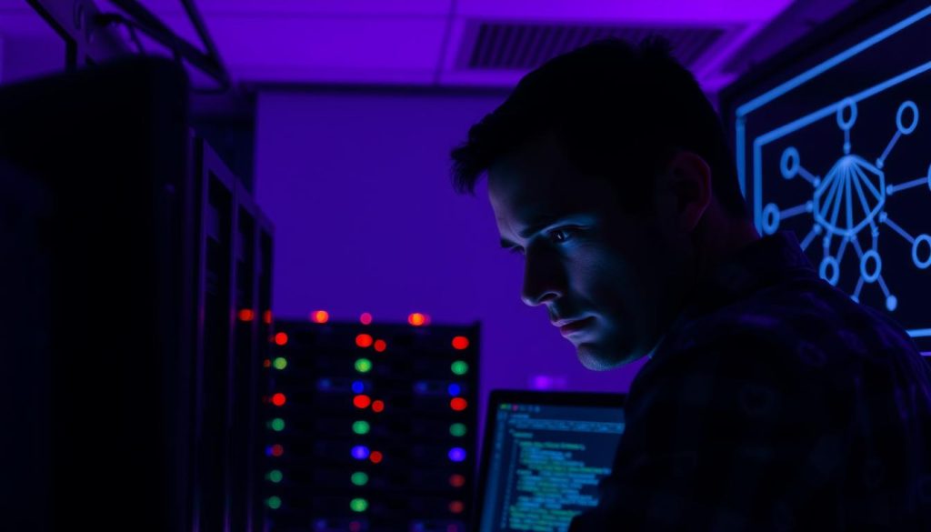 A dimly lit server room, with the glow of computer monitors casting a soft, royal purple hue across the scene. In the foreground, a database administrator scrutinizes a terminal, their brow furrowed as they analyze a complex query displayed on the screen. The middle ground reveals a series of rack-mounted servers, their status lights blinking rhythmically, hinting at the system's inner workings. In the background, a network diagram is projected onto the wall, its intricate web of connections and data flows suggesting the complexity of the database infrastructure. The atmosphere is one of focused concentration, as the administrator seeks to uncover the root cause of the sluggish database performance.