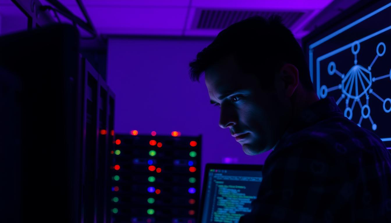 A dimly lit server room, with the glow of computer monitors casting a soft, royal purple hue across the scene. In the foreground, a database administrator scrutinizes a terminal, their brow furrowed as they analyze a complex query displayed on the screen. The middle ground reveals a series of rack-mounted servers, their status lights blinking rhythmically, hinting at the system's inner workings. In the background, a network diagram is projected onto the wall, its intricate web of connections and data flows suggesting the complexity of the database infrastructure. The atmosphere is one of focused concentration, as the administrator seeks to uncover the root cause of the sluggish database performance.