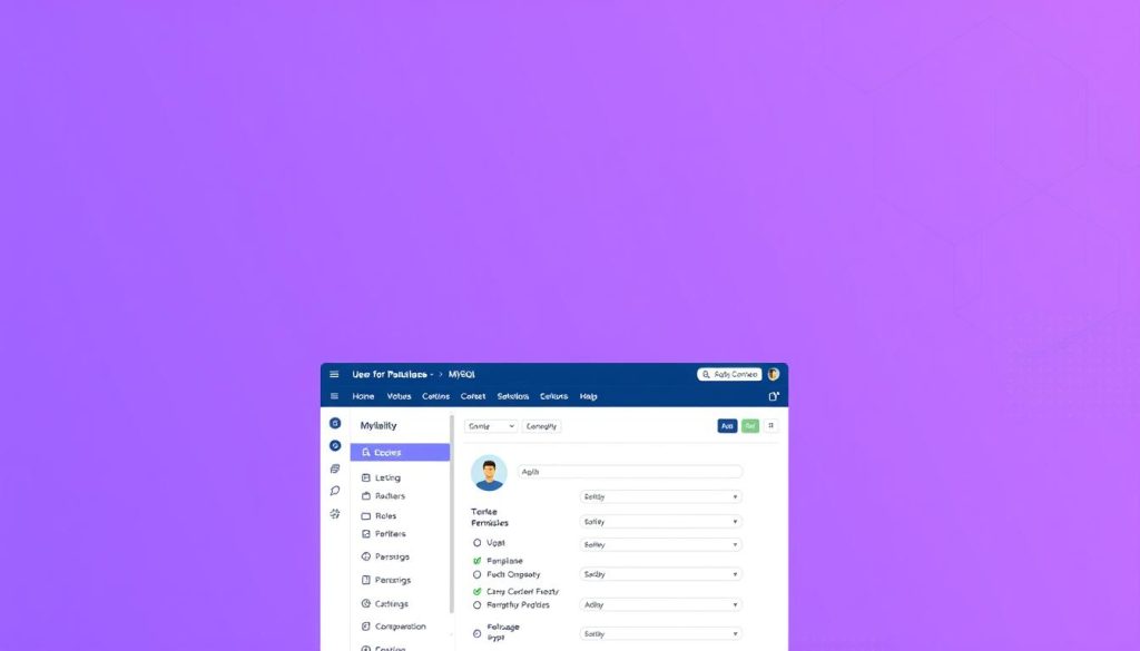A high-resolution, detailed digital illustration of a database management interface for user administration. The foreground features a clean, minimalist dashboard with intuitive controls for managing user accounts, roles, and permissions. The middle ground showcases a user profile panel with customizable options and security settings. The background has a subtle gradient of the Royal Purple color (#7955a3), creating a professional, elegant atmosphere. The overall composition emphasizes simplicity, functionality, and user-centric design, perfectly suited for an article on managing users in MySQL.