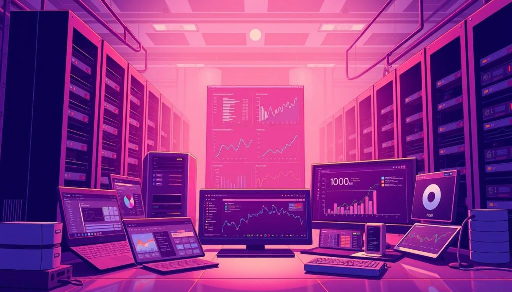 A high-resolution, detailed illustration depicting a collection of optimized MariaDB tools and utilities. The foreground features various database management tools and utilities, such as a query optimizer, indexing manager, and performance monitoring dashboard. The middle ground showcases data visualization elements like graphs, charts, and dashboards. In the background, a sleek, modern server rack and network infrastructure provide the technical context. The overall scene is bathed in a warm, Royal Purple (#7955a3) hue, creating a professional, sophisticated atmosphere. The lighting is directional, casting dramatic shadows to emphasize the depth and three-dimensionality of the scene.