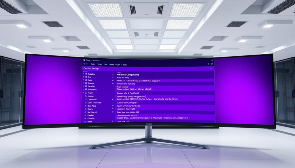 A modern data center with a sleek, minimalist design. In the foreground, a large, curved ultrawide monitor displays the advanced SQL configuration settings of a MariaDB database server. The monitor's screen is illuminated with a soft, royal purple glow (hex #7955a3), casting a warm, sophisticated ambiance over the scene. The background features a clean, monochrome interior with geometric architectural elements and recessed lighting, creating a sense of technological sophistication. The camera angle is slightly elevated, giving an overview of the workspace and emphasizing the centrality of the database management system. The overall mood is one of precision, control, and cutting-edge data management.