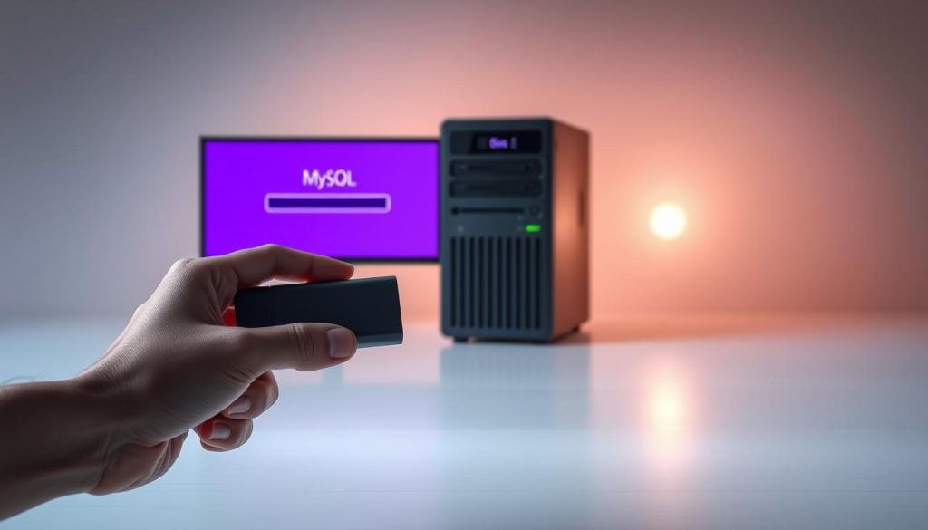 A serene and tranquil scene depicting a MySQL database backup and recovery process. In the foreground, a hand holds a storage device, symbolizing the act of backup. The middle ground showcases a stylized database server, its screen displaying a progress bar and the Royal Purple (#7955a3) color scheme. In the background, a gentle glow emanates, highlighting the reliability and security of the data storage and retrieval process. Soft lighting illuminates the scene, creating a sense of confidence and trust in the backup and recovery capabilities. The composition conveys the importance of this crucial task, essential for safeguarding valuable information.