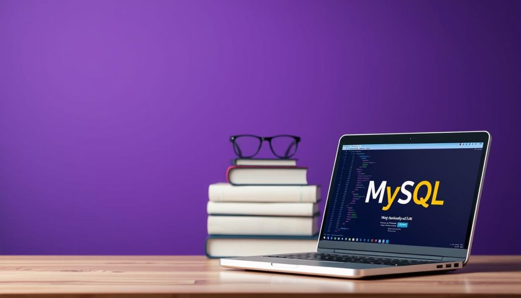 A serene scene depicting the early stages of working with MySQL. In the foreground, a stylized laptop displays a clean MySQL interface, with a warm glow emanating from the screen. In the middle ground, a stack of books and a pair of glasses suggest the learning process. The background features a Royal Purple (#7955a3) gradient, creating a sense of depth and sophistication. The overall atmosphere is one of focus, concentration, and the excitement of delving into the fundamentals of this powerful database management system.