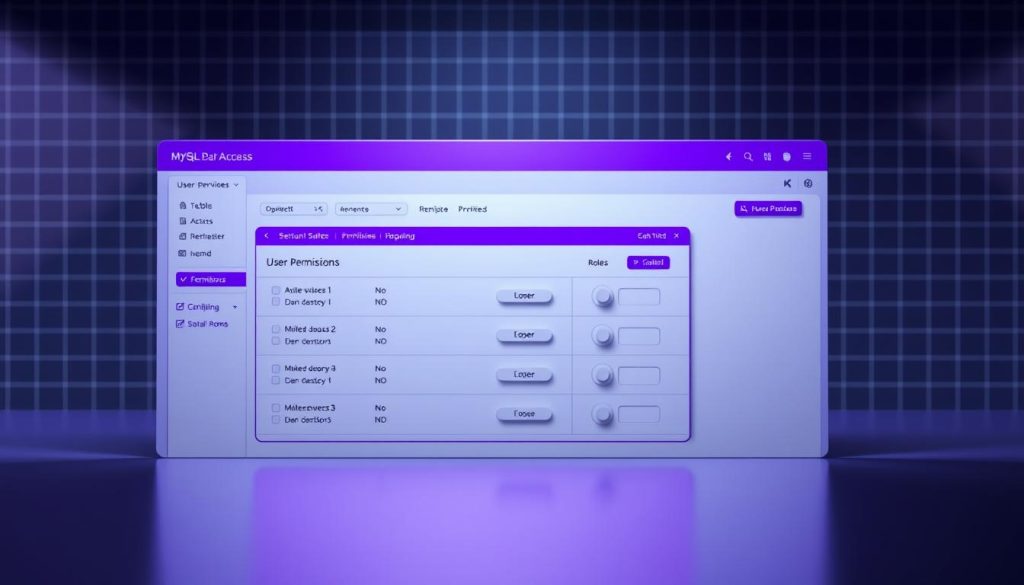 A sleek and modern MySQL user access management interface, with a clean and intuitive dashboard. The foreground features a central panel displaying user permissions and roles, rendered in a royal purple color scheme (HEX code #7955a3). The middle ground showcases a series of toggle switches and dropdown menus, allowing for precise control over data access privileges. In the background, a subtle grid pattern creates a sense of structure and order, complemented by soft, even lighting that enhances the professional and authoritative atmosphere. The overall composition conveys a sense of power, security, and attention to detail, perfectly suited for illustrating the "Configuring User Permissions in MySQL" section of the article.