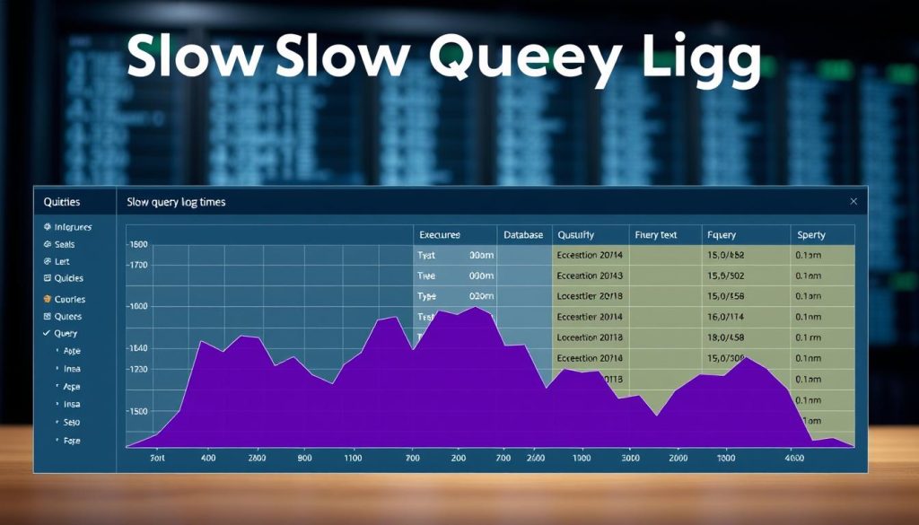 A sleek, modern dashboard displaying a detailed Slow Query Log analysis. In the foreground, a central graph showcases SQL query execution times, with a regal purple color scheme (#7955a3) highlighting the most problematic queries. In the middle ground, a table outlines crucial query details such as execution time, database, and query text, allowing for in-depth troubleshooting. The background features a blurred view of a MySQL database server, setting the technical context. Soft lighting and a subtle depth of field create a professional, analytical atmosphere, guiding the viewer's focus to the key insights within the Slow Query Log.