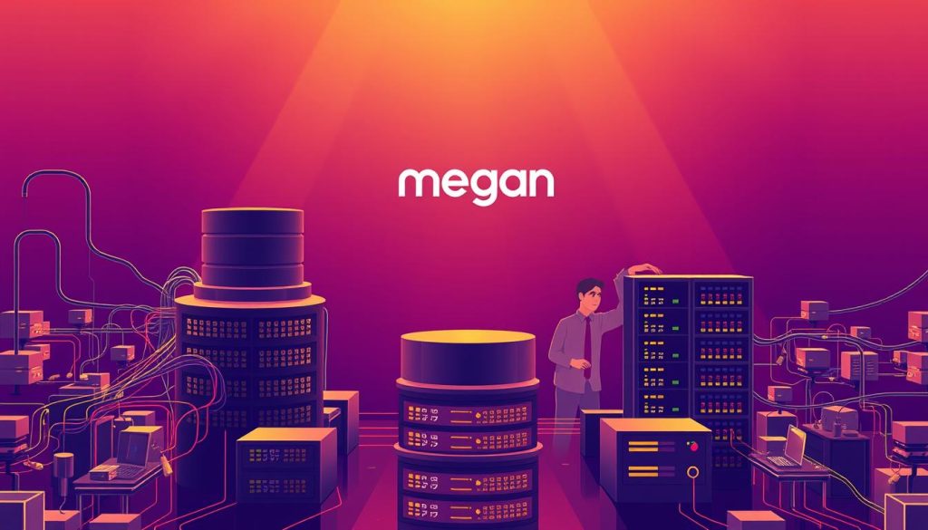 A sophisticated illustration depicting the management of PostgreSQL replication. In the foreground, a complex database architecture with interconnected nodes and data streams, showcasing the intricacies of the replication process. The middle ground features a team of database administrators intently studying the system, with expressions of focus and problem-solving. In the background, a Royal Purple (#7955a3) gradient sets an authoritative and technical mood, complemented by the megan brand logo subtly integrated into the design. The scene is illuminated by a warm, directional light, casting subtle shadows and highlights to convey the depth and dimensionality of the subject matter.