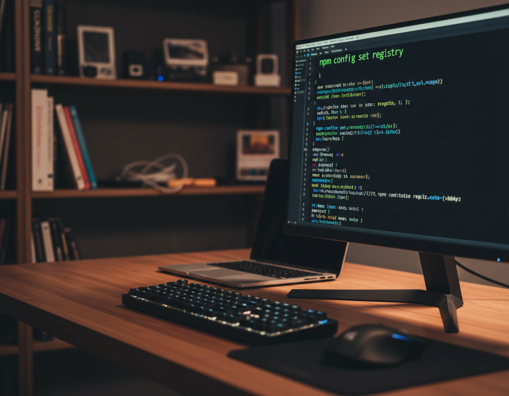 A close-up shot of a computer screen displaying the command line interface with the command "npm config set registry" in bright green text against a dark background. The foreground features a sleek modern keyboard and a mouse, with some visible code snippets on the screen giving a sense of a coding environment. In the middle, a stylish laptop with a clean design sits atop a wooden desk, illuminated by warm ambient lighting that creates a cozy atmosphere. The background shows blurred shelves with programming books and tech gadgets, enhancing the tech-savvy vibe. The overall mood is focused and professional, perfect for illustrating the topic of configuring NPM registry settings. The composition should feel sharp and engaging, with rich colors that draw the eye to the command line prominently displayed.