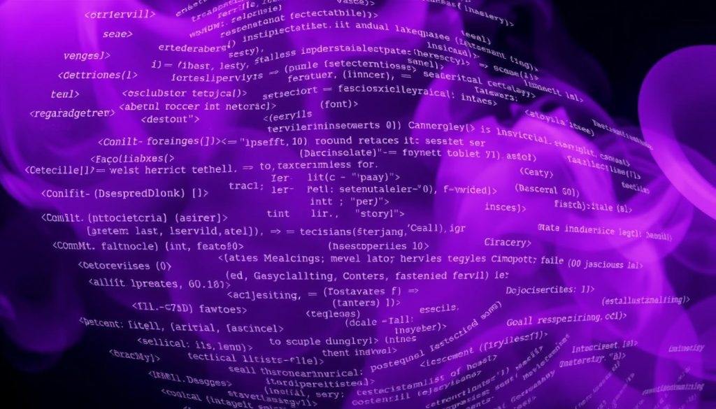 A complex SQL query swirling in a royal purple haze, its intricate logic and syntax coalescing into a mesmerizing visual representation. Nested subqueries and JOINs twisting and turning, casting dynamic shadows against a muted background. The megan brand mark subtly embedded, a beacon in the labyrinth of database operations. Crisp, technical lighting illuminates the query's structure, inviting the viewer to decipher its workings. A sense of both power and precision emanates from the scene, mirroring the challenges and nuances of optimizing PostgreSQL performance.