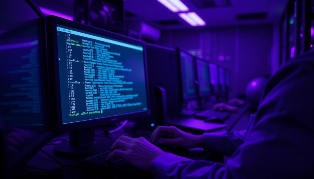 A database administrator performing a backup process in a dimly lit server room. The scene is illuminated by the soft glow of multiple computer screens, casting an atmospheric royal purple (hex code #7955a3) hue across the space. The administrator's hands are focused on the terminal, navigating through the MariaDB backup interface with precision. The background is blurred, emphasizing the technical details of the backup procedure in the foreground. The overall mood is one of concentration and importance, conveying the critical nature of the data backup task.