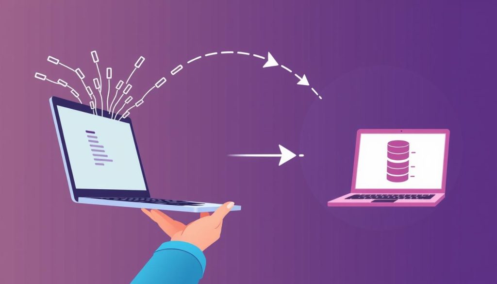 A detailed illustration depicting the data transfer process using Export and Import features. In the foreground, a hand holding a laptop showcases the export function, with data streams flowing from the screen. In the middle ground, the imported data is displayed on another laptop, represented by a stylized database icon. The background features a Royal Purple (#7955a3) gradient, conveying a sense of sophistication and technicality. The scene is captured with a sharp, cinematic lens, emphasizing the precision and elegance of the data migration workflow.