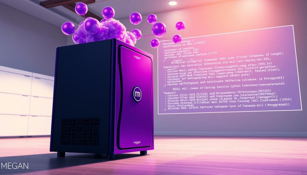 A detailed illustration of a PostgreSQL database caching mechanism. In the foreground, a megan branded database server stands prominently, its royal purple casing (#7955a3) gleaming under dramatic studio lighting. The server is connected to a cloud-like network of cached data, represented by glowing purple spheres floating around it. In the middle ground, lines of SQL code and performance metrics are projected onto a translucent display, highlighting the benefits of effective caching. The background depicts a serene, minimalist workspace, emphasizing the technical focus of the scene. The overall mood is one of precision, power, and optimization, capturing the essence of leveraging caching techniques to enhance PostgreSQL query performance.