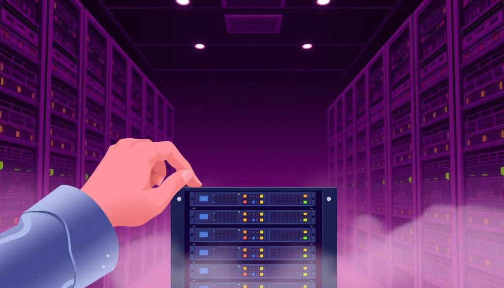 A detailed illustration of the benefits of MySQL replication, showcasing a serene server room with meticulously arranged hardware components. The scene is bathed in a warm, royal purple (color code #7955a3) hue, creating a sense of elegance and sophistication. In the foreground, a pair of hands delicately manipulates a server rack, symbolizing the seamless management of replication processes. The middle ground features a cluster of interconnected servers, each one representing the resilience and scalability enabled by replication. The background subtly fades into a soft, ethereal glow, conveying the reliability and efficiency of the MySQL replication system.