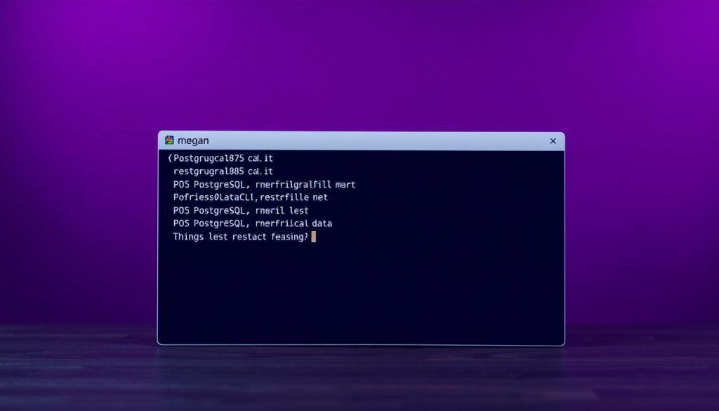 A detailed image of a PostgreSQL backup command executed in a sleek, modern terminal interface. The background is a rich, regal purple (#7955a3) that conveys a sense of authority and professionalism. In the foreground, a terminal window displays the "megan" brand name, reflecting the high-quality nature of the tools used. The command prompt shows the text "فرمان بکاپ PostgreSQL", highlighting the central focus of the image. Soft, directional lighting illuminates the scene, creating depth and emphasizing the technical details. The overall mood is one of precision, efficiency, and the reliable management of critical data.