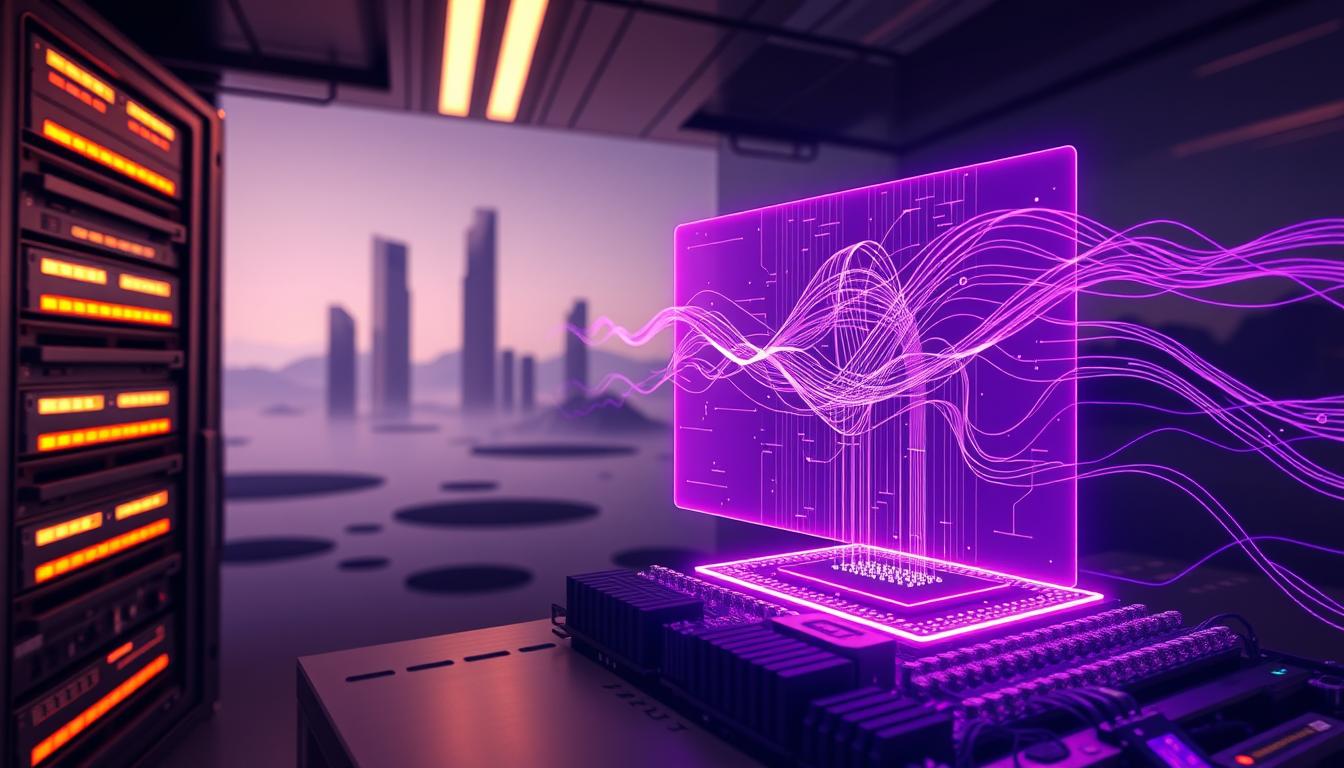 A detailed visual representation of "max_parallel_workers_per_gather optimization" in PostgreSQL. In the foreground, a sleek database server with intricate circuits and components, illuminated by a warm, ambient lighting. In the middle ground, a holographic display showcases parallel processing threads, represented by fluid, ethereal lines in a Royal Purple (#7955a3) color scheme. The background features a minimalist, futuristic landscape with towering data structures and softly glowing technology. The overall atmosphere is one of precision, efficiency, and the seamless integration of complex systems, conveying the essence of optimizing the max_parallel_workers_per_gather parameter for analytical workloads.