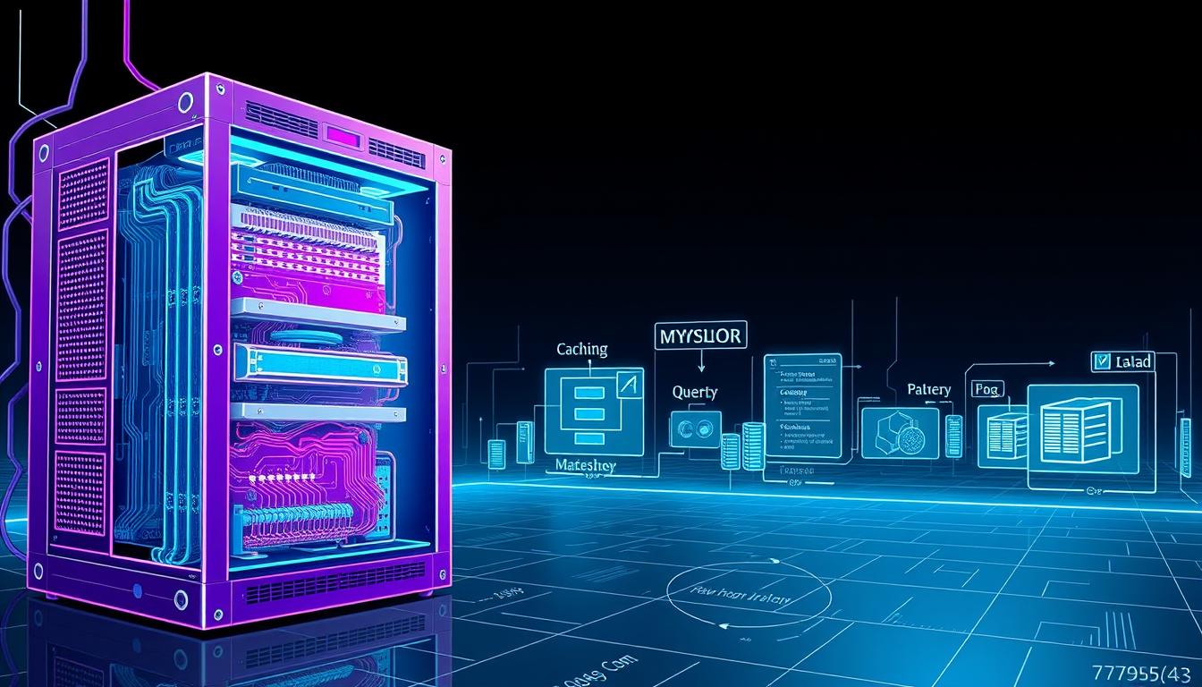A meticulously detailed illustration of the reasons for MySQL's high memory consumption. In the foreground, a vibrant, Royal Purple (hex code #7955a3) database server, its intricate inner workings exposed, showcasing the complex memory management processes. In the middle ground, a series of dynamic visualizations depicting the various factors contributing to the elevated memory usage, such as caching, query optimization, and table structures. The background is a sleek, minimalist techno-scape, bathed in cool tones, emphasizing the precision and complexity of the subject matter. The overall composition conveys a sense of technical depth and sophistication, designed to illuminate the "دلایل مصرف بالای حافظه در MySQL" for the article's readers.
