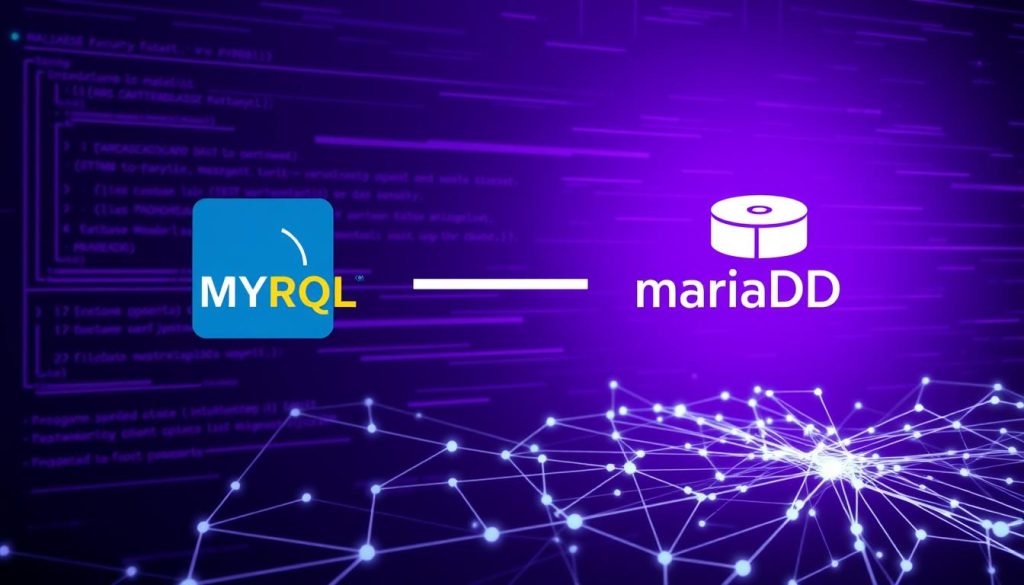 A seamless migration of MySQL data to a sleek, modern MariaDB database. A vibrant, royal purple interface backdrop, accented with clean lines and dynamic icons, symbolizes the effortless transition. In the foreground, a network of interconnected data streams flow smoothly, representing the efficient transfer of information. The scene is illuminated by a soft, diffused light, creating a sense of harmony and professionalism. The overall composition conveys the confidence and ease of the migration process, inviting the viewer to explore the intricacies of this essential data management task.