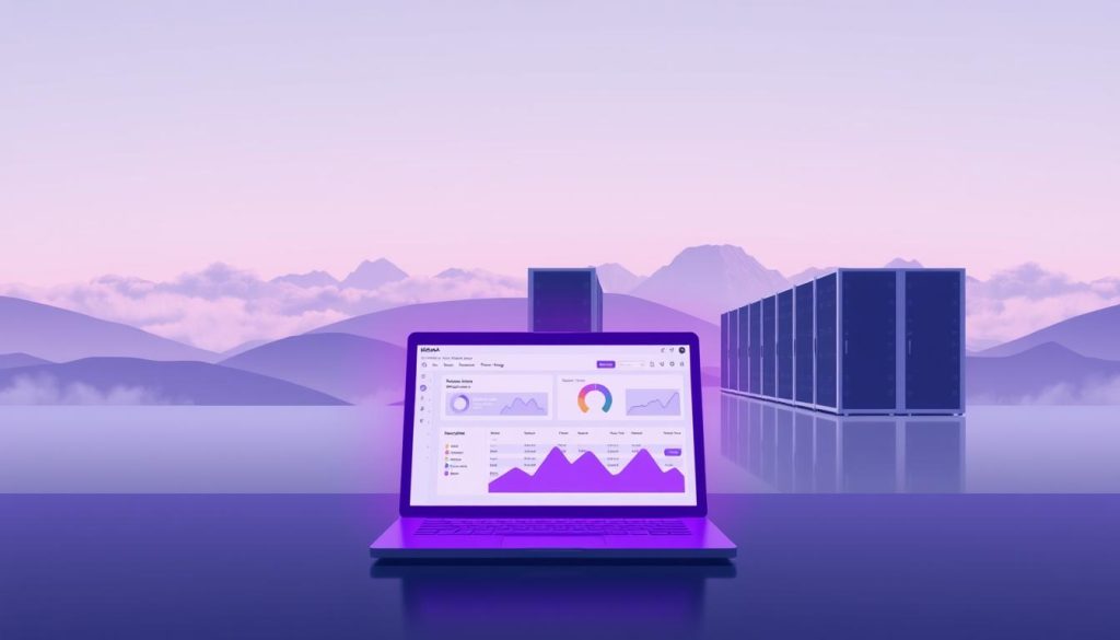A serene and minimalist scene depicting database workload management. In the foreground, a stylized laptop or server displaying a megan dashboard, bathed in a soft royal purple (#7955a3) glow. The middle ground features a sleek and modern data center, with clean lines and efficient cooling systems. In the background, a vast landscape of clouds and mountains, symbolizing the scalability and resilience of the database infrastructure. The overall mood is one of control, optimization, and technological prowess.