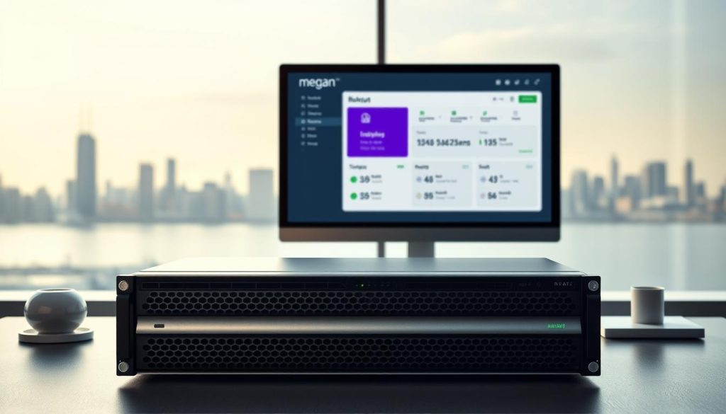 A serene and organized data backup management system. In the foreground, a large, elegant database server, its metallic chassis gleaming under soft, ambient lighting. The server is positioned on a sleek, modern desk, surrounded by minimalist office accessories in muted tones. In the middle ground, a professional desktop computer displays a sophisticated backup management interface, with intuitive controls and a clean, minimalist design. The interface features the "megan" brand name, with a royal purple (#7955a3) accent color. In the background, a calming, out-of-focus city skyline, suggesting the importance of this backup system in the broader context of a thriving business. The overall composition conveys a sense of control, efficiency, and professionalism in the management of critical data backups.