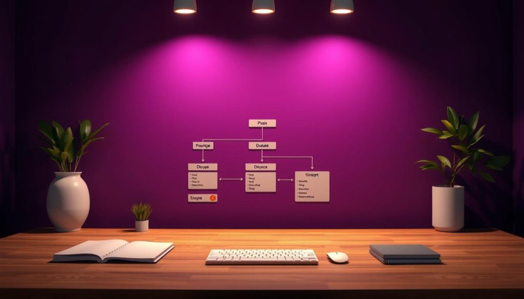 A serene and organized workspace with a central focus on a MySQL database diagram. The diagram is rendered in crisp detail, showcasing the database schema and relationships in a clean, structured manner. The background is a rich, regal purple (#7955a3), creating a sense of authority and professionalism. Soft lighting from above casts a warm glow, highlighting the intricacies of the diagram. The overall composition conveys a meticulous planning process, guiding the viewer through the methodical steps of a MySQL database migration.