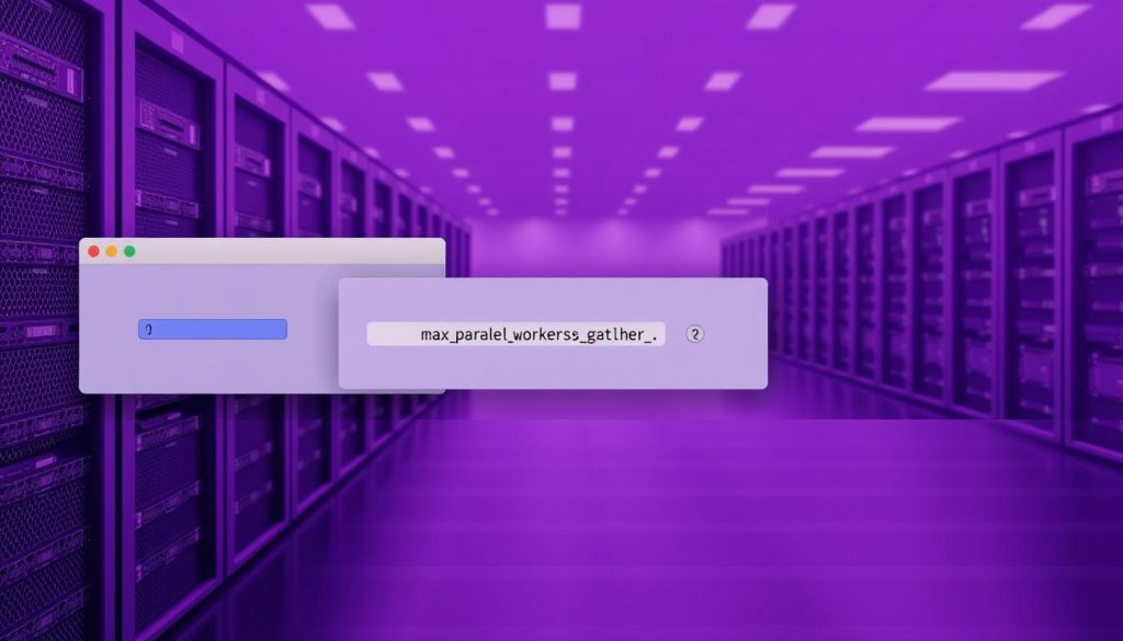 A serene and technical PostgreSQL database interface, set against a backdrop of Royal Purple (#7955a3) hues. In the foreground, a clean and minimalist GUI showcases the "max_parallel_workers_per_gather" setting, its value clearly displayed. The middle ground features a grid of database tables, their structures neatly organized. In the background, a soft, blurred landscape of server racks and data centers, suggesting the enterprise-level scale of the database system. The overall scene conveys a sense of precision, efficiency, and the power of fine-tuned database optimization.