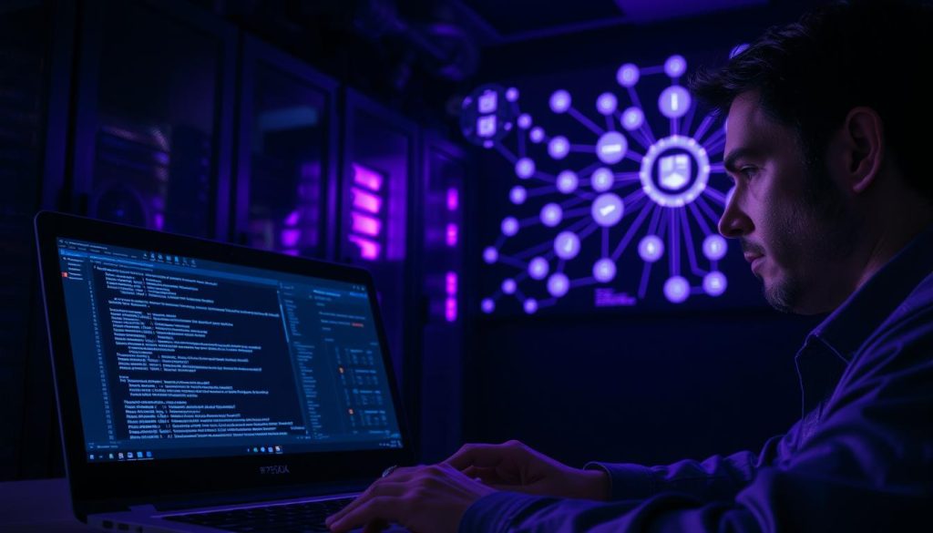 A serene, dimly lit server room, bathed in a regal purple glow (#7955a3). In the foreground, a laptop screen displays intricate database diagrams and error logs, highlighting the complexities of Replication troubleshooting. The middle ground features a skilled technician, brow furrowed in concentration, delicately navigating the challenge of resolving replication issues. The background showcases a wall-mounted display, showcasing the interconnected nature of the Replication system, with various nodes and connections visualized in a cohesive, yet visually striking manner. The overall atmosphere conveys a sense of focus, determination, and the resolute pursuit of restoring order to the Replication infrastructure.