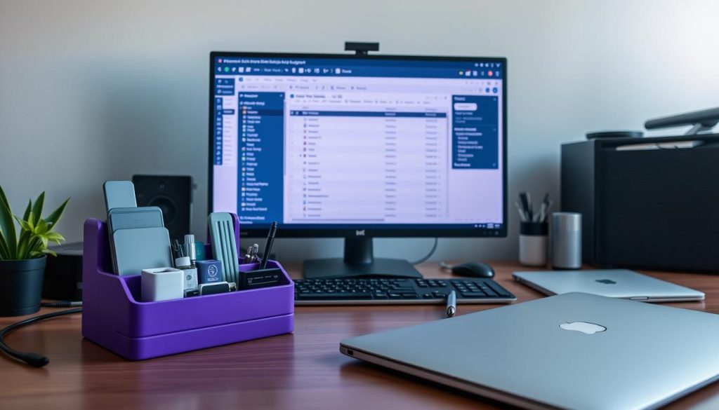 A serene workspace filled with an array of management tools. In the foreground, a sleek laptop and a neatly organized desk, with a Royal Purple (#7955a3) desk organizer showcasing essential database administration utilities. The middle ground features a large monitor displaying a database management interface, its clean interface and intuitive controls inviting the user to explore the intricacies of replication. The background is softly lit, creating a sense of focus and professionalism, highlighting the importance of these managerial resources in the world of MariaDB data management.