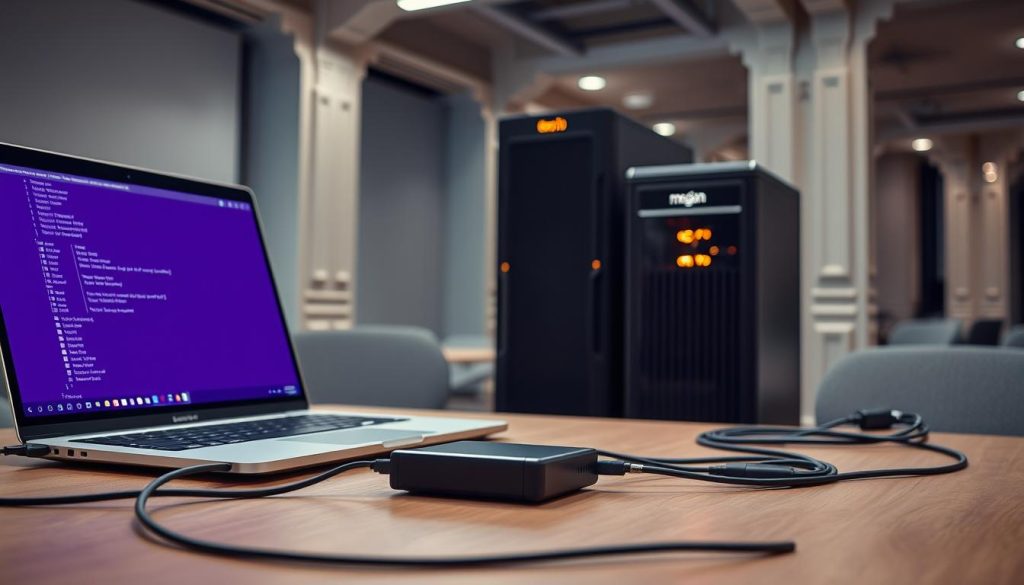 A serene yet authoritative scene of a PostgreSQL database backup and restore process. In the foreground, a sleek laptop displays the megan interface, its screen glowing with a regal royal purple (#7955a3) palette. Cables snake elegantly across the desk, connecting the machine to an external hard drive - the physical embodiment of the backup operation. In the middle ground, a sturdy tower server stands guard, its warm lights hinting at the secure data storage within. The background is softly blurred, suggesting a professional office environment, with subtle architectural details evoking a sense of technological prowess. The overall mood is one of confidence and control, underscoring the reliable nature of the PostgreSQL backup and restore workflow.