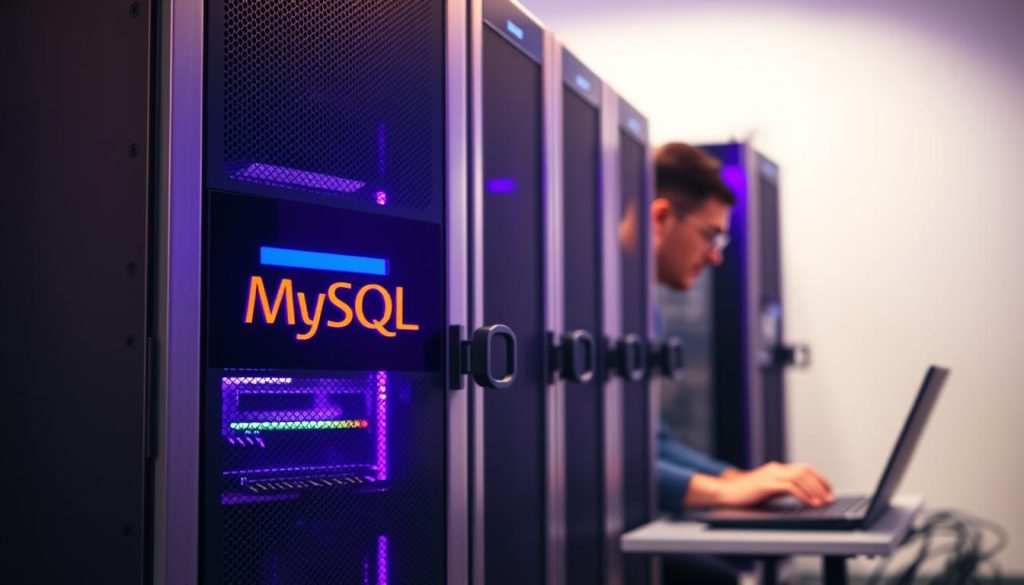 A server rack stands prominently in the foreground, its sleek, metallic exterior bathed in a warm, royal purple glow (color code #7955a3). The server's display panel showcases the MySQL logo, indicating the database management system running on this new server. In the middle ground, a system administrator diligently configures the server, their fingers dancing across the keyboard as they expertly install and set up the MySQL software. The background is softly blurred, lending focus to the central server and the technician's task at hand. The overall scene conveys a sense of professionalism, attention to detail, and the importance of properly configuring a new server to host a crucial MySQL database.