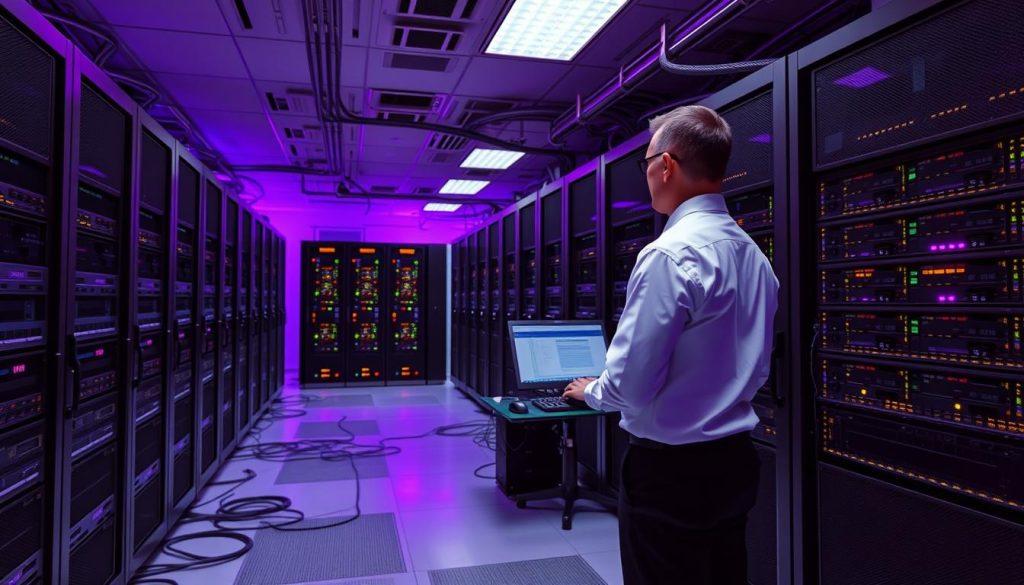 A server room bathed in a regal royal purple glow (color code #7955a3), servers neatly arranged in rows, the soft whir of fans and blinking status lights. Cables snake across the floor, connecting the servers to the network infrastructure. A lone technician in a crisp white shirt and dark slacks stands before the central console, fingers poised over the keyboard, ready to initiate the slave server configuration process. The atmosphere is one of quiet focus and anticipation, as the system prepares to replicate the vital database. A server room bathed in a regal royal purple glow (color code #7955a3), servers neatly arranged in rows, the soft whir of fans and blinking status lights. Cables snake across the floor, connecting the servers to the network infrastructure. A lone technician in a crisp white shirt and dark slacks stands before the central console, fingers poised over the keyboard, ready to initiate the slave server configuration process. The atmosphere is one of quiet focus and anticipation, as the system prepares to replicate the vital database.
