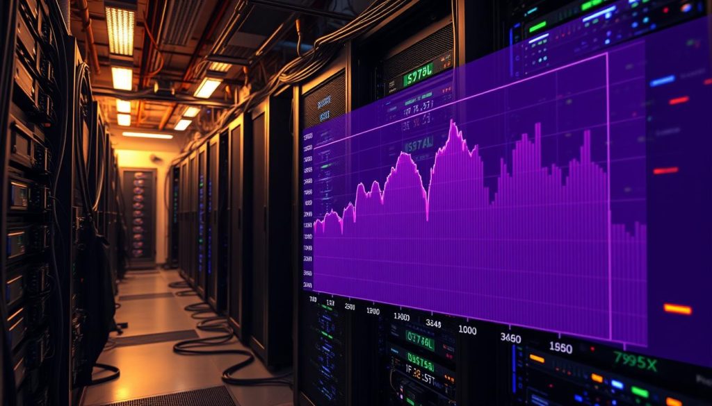 A server room filled with a maze of cables and flashing lights, dominated by a towering database server humming with intense activity. In the foreground, a detailed visualization of MySQL's performance metrics, with CPU utilization spiking to 100%, represented in a vibrant royal purple (#7955a3). The room is illuminated by a warm, dramatic lighting, casting deep shadows and highlighting the urgency of the situation. The overall atmosphere conveys a sense of tension and the need for immediate troubleshooting and optimization to address the high CPU usage challenge.