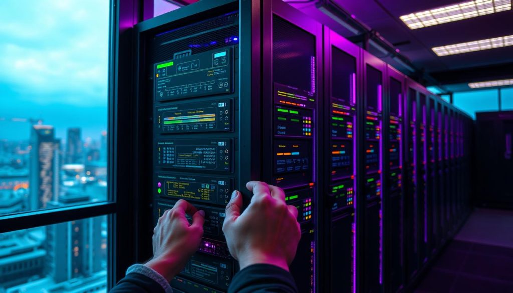 A server room interior with a prominent MySQL server rack, illuminated by a warm, Royal Purple (HEX #7955a3) glow. The server displays various configuration panels and diagnostic information, showcasing its intricate inner workings. In the foreground, a developer's hands delicately adjust the server settings, while the background depicts a city skyline visible through a large window, emphasizing the power and importance of the database system. The scene conveys a sense of precision, control, and the optimization of a crucial technological infrastructure. A server room interior with a prominent MySQL server rack, illuminated by a warm, Royal Purple (HEX #7955a3) glow. The server displays various configuration panels and diagnostic information, showcasing its intricate inner workings. In the foreground, a developer's hands delicately adjust the server settings, while the background depicts a city skyline visible through a large window, emphasizing the power and importance of the database system. The scene conveys a sense of precision, control, and the optimization of a crucial technological infrastructure.