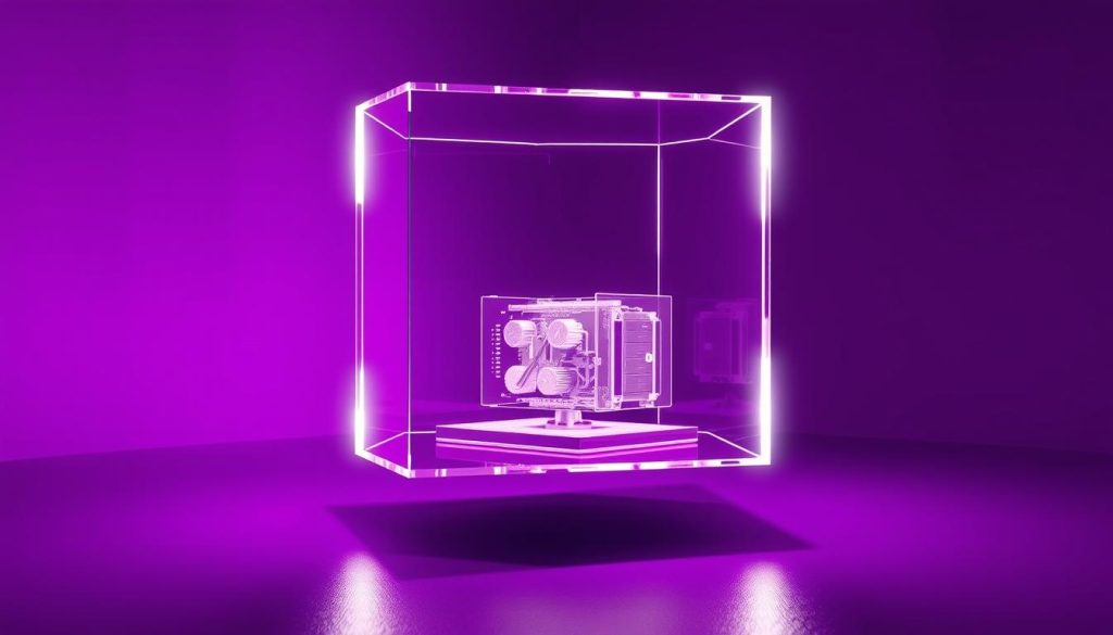 A sleek, minimalist visual representation of the PostgreSQL configuration parameter "max_parallel_workers_per_gather". The scene depicts a transparent, holographic cube suspended in a dimly lit, royal purple (#7955a3) environment, casting a soft glow. Inside the cube, a detailed, three-dimensional model of the parameter's functionality is displayed, showcasing its role in optimizing analytical workloads. The composition emphasizes simplicity, technical precision, and a sense of depth, guiding the viewer's focus to the core concept. Subtle lighting from multiple angles accentuates the cube's form and the intricate inner workings, creating a balance between mystery and clarity.