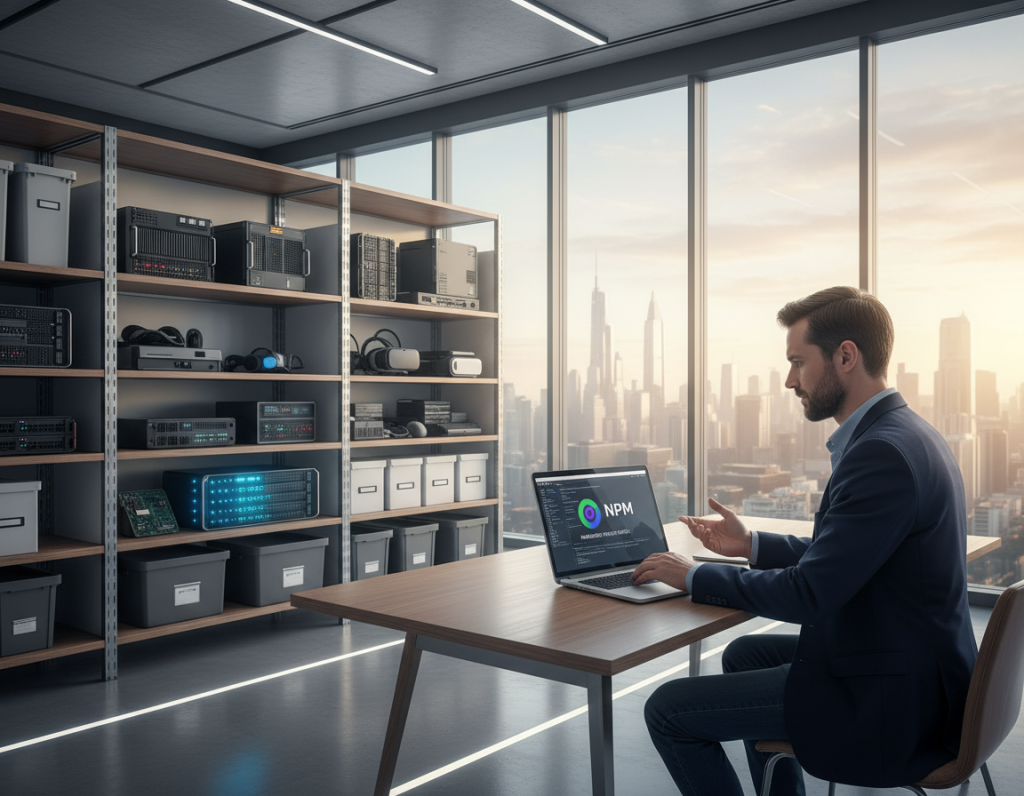 A sleek, modern private storage facility, showcasing a clean and functional design. In the foreground, a professional business person in smart casual attire, demonstrating the concept of managing private NPM repositories, engages with a laptop. The middle ground features organized shelves filled with various tech equipment and digital storage devices, emphasizing a tech-savvy environment. In the background, large windows allow natural light to flood the room, creating a bright and inviting atmosphere. The mood is focused and innovative, suggesting a space where creativity and technology converge. The image is captured with a slightly elevated angle to provide depth, highlighting the interaction between the individual and their tech setup.