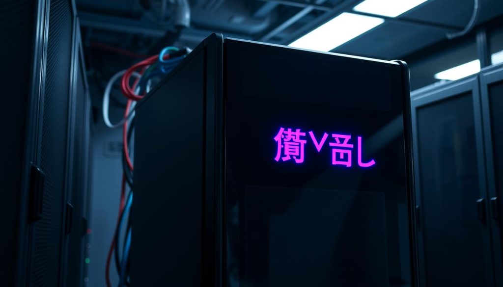 A sleek, modern server rack stands in a dimly lit server room, its glossy black facade illuminated by a soft, diffuse light. The front panel displays the text "مستر" in elegant, royal purple lettering (color code #7955a3), conveying the server's role as the master in a MySQL replication setup. Cables in various colors snake through the rack, connecting the server to its network and power sources. The scene evokes a sense of precision, control, and technical expertise, setting the stage for the intricate configuration details to be discussed in the article.