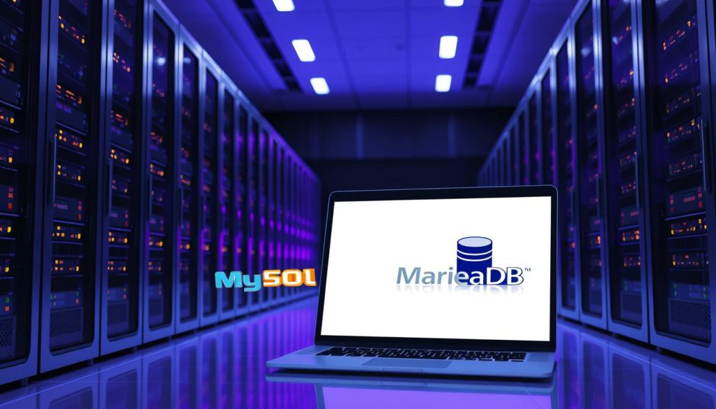 A sleek, modern server room with rows of gleaming black computer towers, the warm glow of LED lights casting a Royal Purple (#7955a3) hue across the scene. In the foreground, a laptop screen displays the MySQL and MariaDB logos, symbolizing the migration process. Crisp, architectural lines and a minimalist, high-tech ambiance create a sense of professionalism and technical sophistication. The image conveys the seamless transition from one database system to another, highlighting the power and versatility of modern data infrastructure.