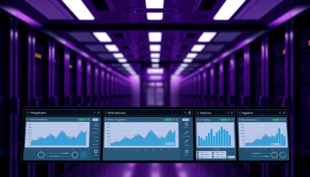 A sophisticated database replication dashboard set against a regal purple backdrop (#7955a3). In the foreground, a series of elegant data visualization panels display the real-time status of the MySQL replication process, with intuitive graphs and metrics. The middle ground features a sleek, minimalist interface with control buttons and toggles, allowing for seamless monitoring and management. The background depicts a subtly blurred server room, conveying a sense of technical prowess and reliability. The lighting is soft and diffused, creating a calm and professional atmosphere, perfect for a comprehensive overview of the replication system.