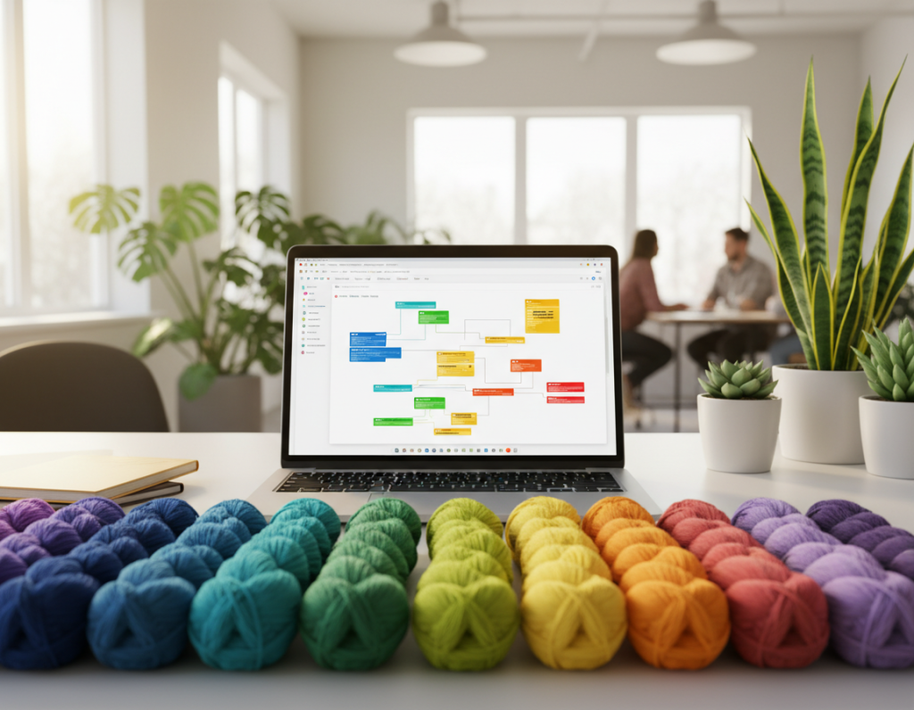 A visually engaging Yarn registry interface on a modern desktop screen, set in a bright and efficient workspace. In the foreground, a laptop displays the Yarn package management interface, showcasing colorful and organized dependencies, with an emphasis on a clear, user-friendly design. The middle layer features an array of yarn skeins in neat rows, symbolizing creativity and organization. In the background, a well-lit office with subtle greenery adds a refreshing touch, with soft natural lighting enhancing the atmosphere. The overall mood is professional and collaborative, suggesting productivity and innovation in package management, captured with a slight tilt-up angle for an immersive feel. No text or symbols present.