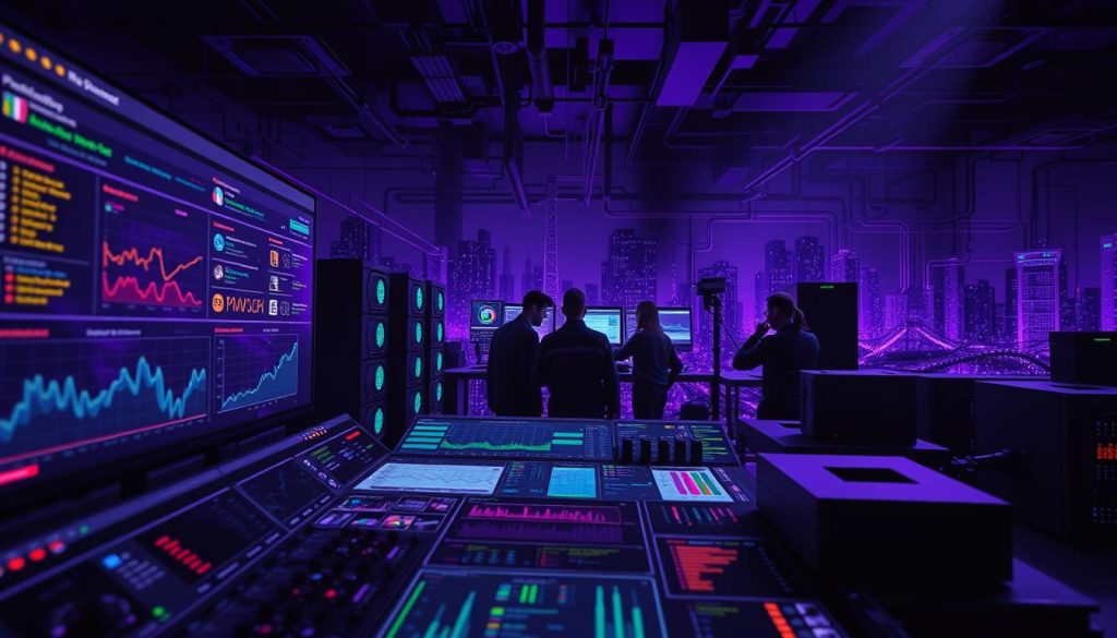 Detailed scene of PostgreSQL database monitoring challenges. In the foreground, a complex dashboard with charts, alerts, and monitoring tools. In the middle ground, a team of database administrators scrutinizing performance metrics and troubleshooting issues. The background features a shadowy, Royal Purple-hued landscape of servers, networks, and data flows, conveying the complexity and scale of modern database systems. Dramatic lighting casts dramatic shadows, highlighting the intensity and gravity of the task at hand. A sense of focus, determination, and problem-solving permeates the scene. Detailed scene of PostgreSQL database monitoring challenges. In the foreground, a complex dashboard with charts, alerts, and monitoring tools. In the middle ground, a team of database administrators scrutinizing performance metrics and troubleshooting issues. The background features a shadowy, Royal Purple-hued landscape of servers, networks, and data flows, conveying the complexity and scale of modern database systems. Dramatic lighting casts dramatic shadows, highlighting the intensity and gravity of the task at hand. A sense of focus, determination, and problem-solving permeates the scene.
