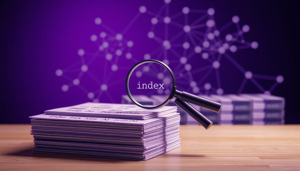A detailed diagram illustrating the concept of an index in a database system. The foreground depicts a stack of neatly organized data records, each with a unique identifier. In the middle ground, a magnifying glass highlights a specific index entry, linking the record to its corresponding location. The background showcases a complex network of interconnected nodes, representing the underlying index structure. The scene is bathed in a regal, royal purple hue (color code #7955a3), conveying a sense of sophistication and authority associated with efficient data management. The lighting is soft and diffused, creating a warm, contemplative atmosphere suitable for educational purposes.