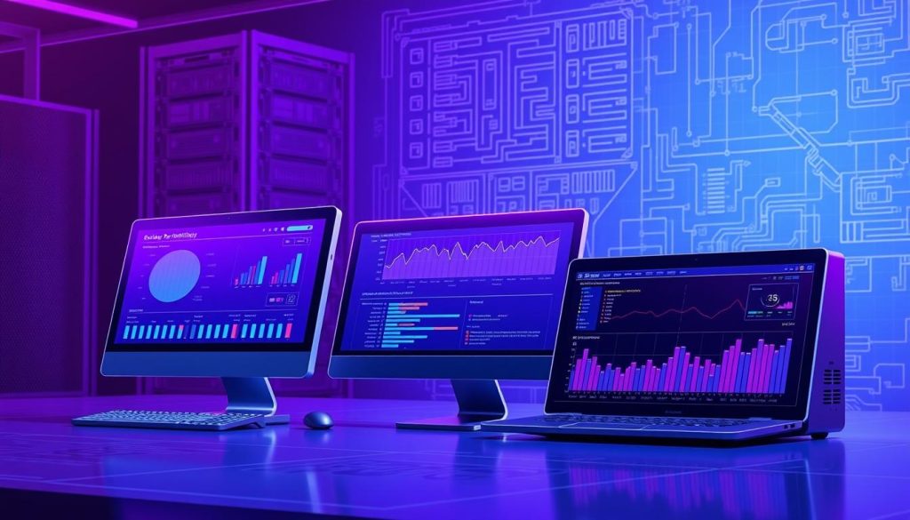 A detailed technical illustration showcasing a suite of database performance monitoring tools. The foreground features a trio of sleek, modern devices displaying real-time metrics and visualizations, bathed in the regal glow of royal purple lighting. In the middle ground, a server rack and terminal interface symbolize the underlying data infrastructure. The background depicts a technical blueprint or schematic, adding a sense of precision and technical depth. The overall composition conveys a professional, high-tech atmosphere suitable for an article on database optimization.