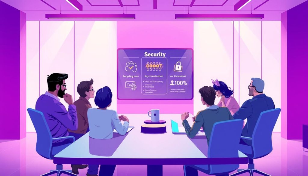 A digital illustration showcasing the concept of "User Security Education" in a visually engaging manner. The scene depicts a group of diverse individuals seated around a conference table, immersed in a collaborative discussion. The lighting is soft and warm, creating a sense of professionalism and focus. The color palette is dominated by a regal purple hue (#7955a3), reflecting the seriousness and importance of the topic. In the foreground, the participants are engaged in lively conversation, their expressions conveying a sense of learning and understanding. The middle ground features a digital display presenting key security concepts, while the background showcases a modern, minimalist office environment, emphasizing the professional and educational setting. The overall composition and attention to detail aim to communicate the significance of educating users on crucial security practices. A digital illustration showcasing the concept of "User Security Education" in a visually engaging manner. The scene depicts a group of diverse individuals seated around a conference table, immersed in a collaborative discussion. The lighting is soft and warm, creating a sense of professionalism and focus. The color palette is dominated by a regal purple hue (#7955a3), reflecting the seriousness and importance of the topic. In the foreground, the participants are engaged in lively conversation, their expressions conveying a sense of learning and understanding. The middle ground features a digital display presenting key security concepts, while the background showcases a modern, minimalist office environment, emphasizing the professional and educational setting. The overall composition and attention to detail aim to communicate the significance of educating users on crucial security practices.