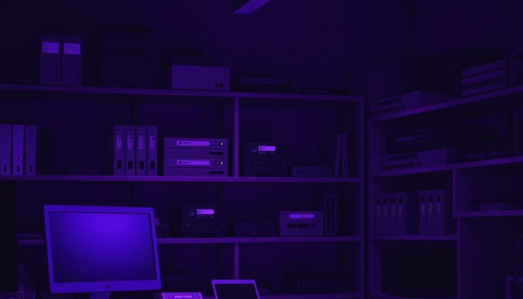 A dimly lit office space, shelves lined with various backup devices - external hard drives, tape drives, and network-attached storage units. The scene is bathed in a regal purple hue, casting an air of seriousness and professionalism. In the foreground, a desktop computer stands ready, its sleek design and modern aesthetic hinting at the technology that powers it. The middle ground showcases an assortment of backup tools, each with its own purpose and functionality, while the background fades into shadows, emphasizing the importance of these essential backup instruments. The lighting is soft and moody, creating a sense of contemplation and attention to detail. This image captures the essence of the "استفاده نادرست از ابزارهای بکاپ‌گیری" section, highlighting the variety of backup options available and the care required in their proper utilization.