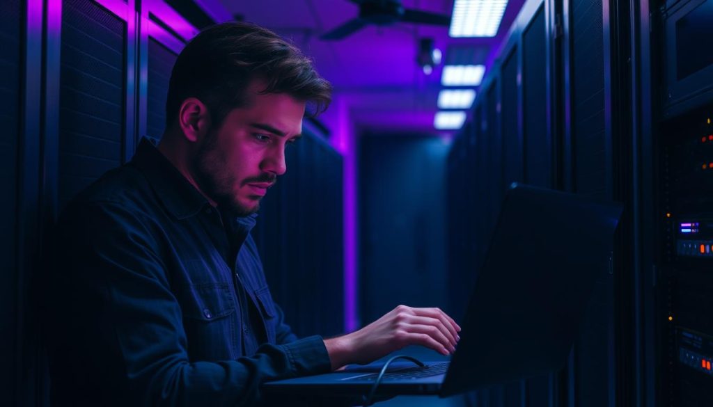 A dimly lit server room, with rows of sleek, humming data cabinets. In the foreground, a technician carefully connects cables to a laptop, preparing to initiate a backup process. The room is bathed in a warm, Royal Purple (#7955a3) glow, creating an atmosphere of precision and focus. The technician's brow is furrowed in concentration, their movements deliberate, as they navigate the intricate web of wires and ports, ensuring a seamless transition before the critical database update. The background is shrouded in shadows, emphasizing the importance of this preparatory step, the last safeguard before the system is upgraded to the latest version of MariaDB. A dimly lit server room, with rows of sleek, humming data cabinets. In the foreground, a technician carefully connects cables to a laptop, preparing to initiate a backup process. The room is bathed in a warm, Royal Purple (#7955a3) glow, creating an atmosphere of precision and focus. The technician's brow is furrowed in concentration, their movements deliberate, as they navigate the intricate web of wires and ports, ensuring a seamless transition before the critical database update. The background is shrouded in shadows, emphasizing the importance of this preparatory step, the last safeguard before the system is upgraded to the latest version of MariaDB.