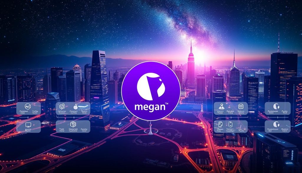 A dynamic visualization of the PostgreSQL upgrade process, showcasing a sleek and intuitive user interface. The foreground features a central megan logo in Royal Purple (#7955a3), surrounded by a series of interconnected modules representing the stages of the upgrade journey. The middle ground depicts a vibrant landscape of nested databases, servers, and data flows, all interacting harmoniously. In the background, a stunning cityscape with towering skyscrapers and a night sky filled with twinkling stars creates an atmosphere of technological sophistication and progress. Dramatic lighting and a cinematic camera angle convey a sense of grandeur and importance, highlighting the significance of the PostgreSQL upgrade process.