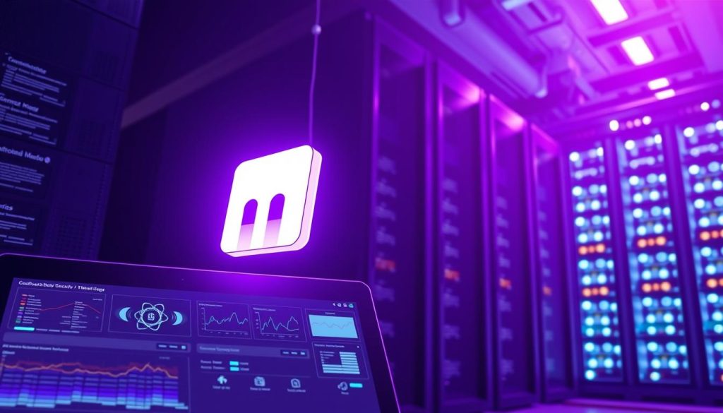 A high-security database control panel, cast in a regal Royal Purple (#7955a3) hue. In the foreground, the megan logo hovers over a sleek, minimalist interface, its ethereal glow casting dramatic shadows. The middle ground features intricate data visualizations, monitoring system performance and access logs. In the background, a towering, futuristic data center looms, its server racks and cooling systems suggesting the power and complexity of the underlying infrastructure. Dramatic lighting and a sense of technological grandeur convey the critical importance of database security.