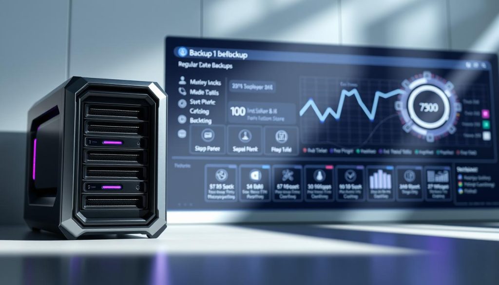 A meticulously crafted backup system, with a sleek and modern interface. In the foreground, a futuristic data storage array, its elegant lines and Royal Purple (#7955a3) accents conveying a sense of reliability and security. The middle ground features a series of backup tasks, each represented by a distinct icon, organized in a clean and intuitive layout. In the background, a dynamic data visualization, pulsing with real-time information, underscores the importance of regular, comprehensive backups. Soft, directional lighting casts dramatic shadows, heightening the sense of technological sophistication. The overall atmosphere is one of professionalism, efficiency, and a commitment to safeguarding critical data. A meticulously crafted backup system, with a sleek and modern interface. In the foreground, a futuristic data storage array, its elegant lines and Royal Purple (#7955a3) accents conveying a sense of reliability and security. The middle ground features a series of backup tasks, each represented by a distinct icon, organized in a clean and intuitive layout. In the background, a dynamic data visualization, pulsing with real-time information, underscores the importance of regular, comprehensive backups. Soft, directional lighting casts dramatic shadows, heightening the sense of technological sophistication. The overall atmosphere is one of professionalism, efficiency, and a commitment to safeguarding critical data.