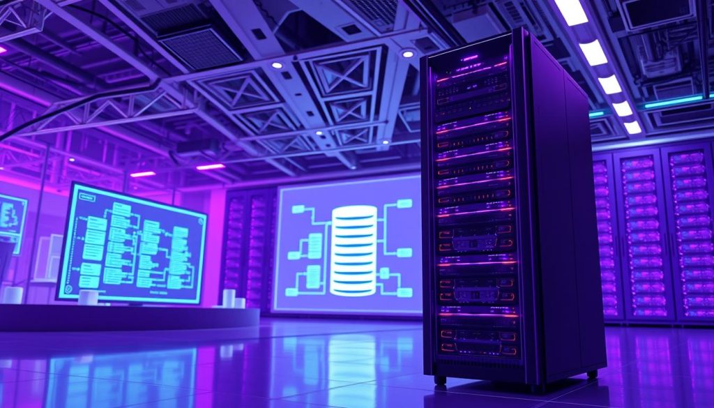 A meticulously designed data center, with an intricate network of servers and storage systems glowing in a royal purple hue (#7955a3). In the foreground, a megan server rack stands tall, its sleek chassis and blinking LED lights conveying the power and reliability of modern database infrastructure. The mid-ground features a projection of a database schema, emphasizing the importance of organized and up-to-date data. In the background, a serene, futuristic landscape with holographic displays and minimalist architecture sets the scene for the seamless integration of technology and information. The overall composition exudes a sense of technological sophistication and the critical role of database maintenance in a rapidly evolving digital landscape.
