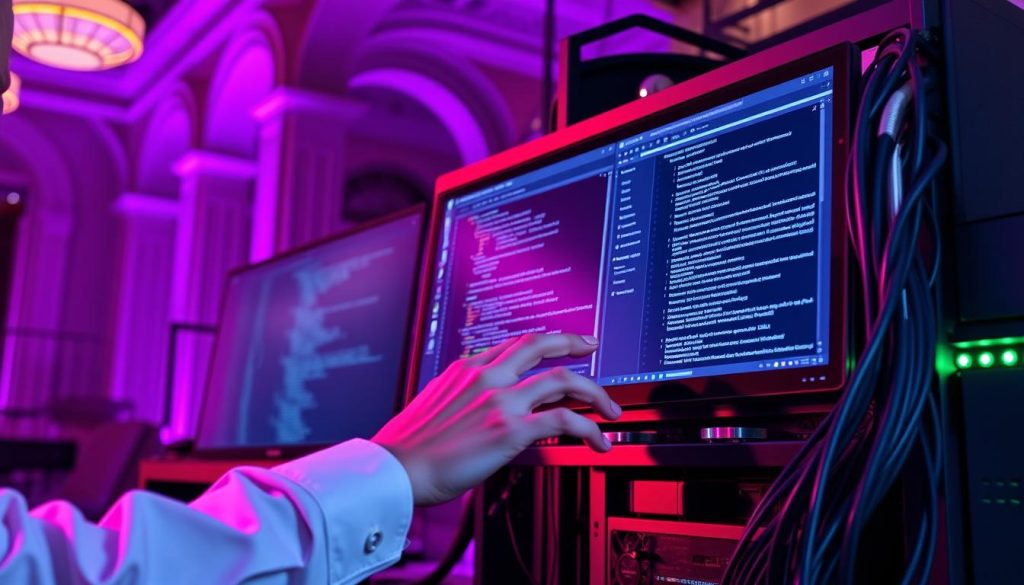 A professional database administrator diligently updating a complex MariaDB database using the advanced services of Megan, a skilled IT consultant. The scene is illuminated by a warm, regal purple glow, creating an atmosphere of focus and expertise. The administrator's hands gracefully navigate the software interface, while a sleek, modern workstation and carefully organized cables suggest a meticulously maintained system. The background features subtle architectural details, hinting at the larger context of the database integration project. The overall composition conveys a sense of technical proficiency, attention to detail, and the importance of maintaining a robust and up-to-date database infrastructure. A professional database administrator diligently updating a complex MariaDB database using the advanced services of Megan, a skilled IT consultant. The scene is illuminated by a warm, regal purple glow, creating an atmosphere of focus and expertise. The administrator's hands gracefully navigate the software interface, while a sleek, modern workstation and carefully organized cables suggest a meticulously maintained system. The background features subtle architectural details, hinting at the larger context of the database integration project. The overall composition conveys a sense of technical proficiency, attention to detail, and the importance of maintaining a robust and up-to-date database infrastructure.
