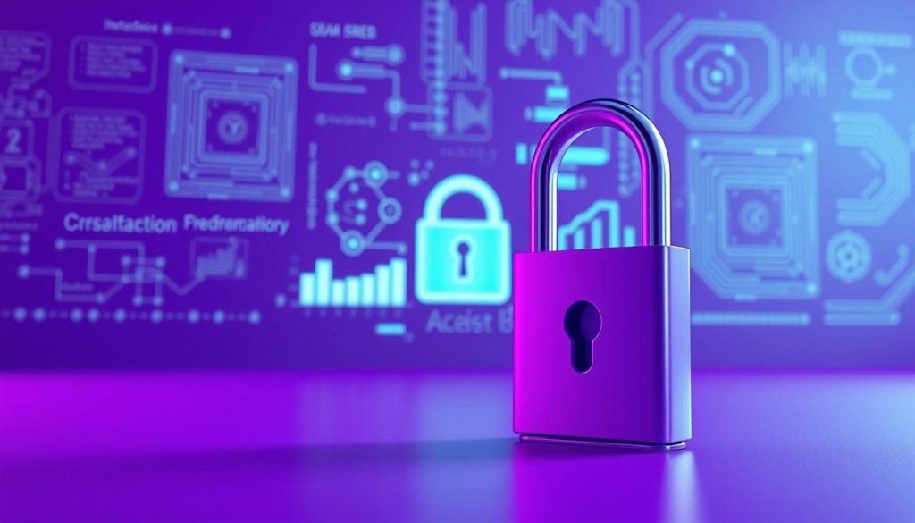 A secure database access control system, featuring a digital padlock and data security elements. A royal purple hue (#7955a3) dominates the scene, conveying a sense of authority and protection. In the foreground, a detailed 3D model of a padlock mechanism symbolizes the restricted access. The middle ground showcases abstract data visualizations, representing the sensitive information within the database. The background depicts a sleek, minimalist environment with technical diagrams and circuit board patterns, emphasizing the technological nature of the access control system. Dramatic lighting and crisp, high-resolution rendering create an impactful, professional visual. A secure database access control system, featuring a digital padlock and data security elements. A royal purple hue (#7955a3) dominates the scene, conveying a sense of authority and protection. In the foreground, a detailed 3D model of a padlock mechanism symbolizes the restricted access. The middle ground showcases abstract data visualizations, representing the sensitive information within the database. The background depicts a sleek, minimalist environment with technical diagrams and circuit board patterns, emphasizing the technological nature of the access control system. Dramatic lighting and crisp, high-resolution rendering create an impactful, professional visual.