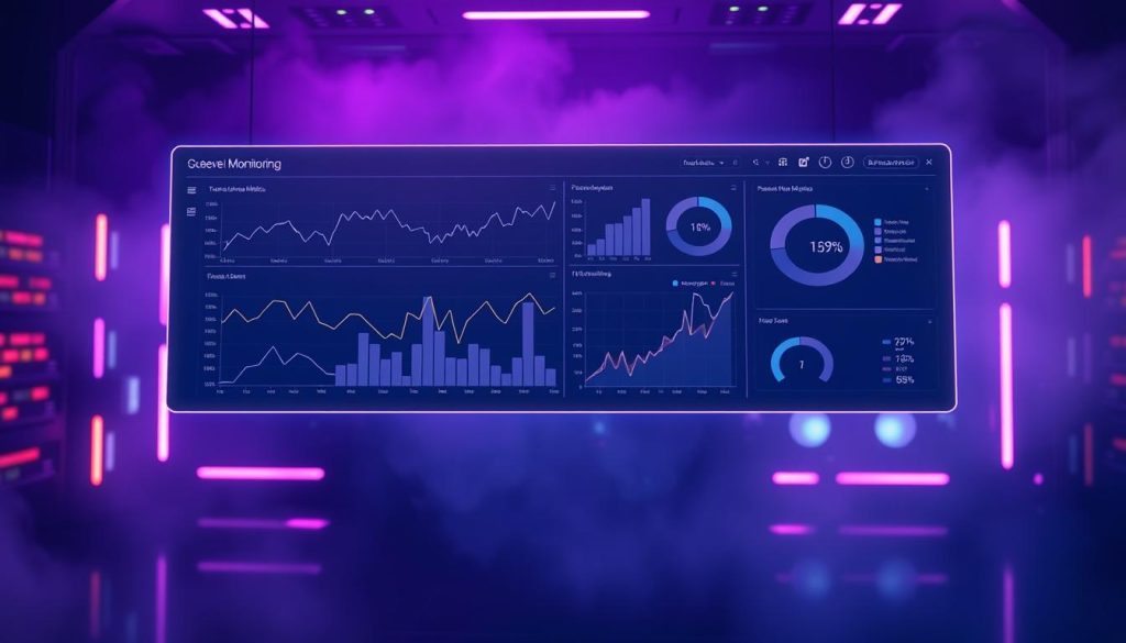 A serene data visualization dashboard hovers in a dimly lit tech-inspired environment, bathed in the regal glow of Royal Purple (#7955a3). Intricate line graphs and pie charts elegantly display real-time performance metrics, their elegant curves and angles illuminating the complexities of MySQL server monitoring. In the foreground, a sleek, futuristic interface invites closer inspection, its minimalist design belying the depth of the analytical insights it provides. The background is shrouded in a hazy, atmospheric blur, drawing the viewer's focus to the data visualization at the heart of the scene, a testament to the power of turning raw information into actionable intelligence.